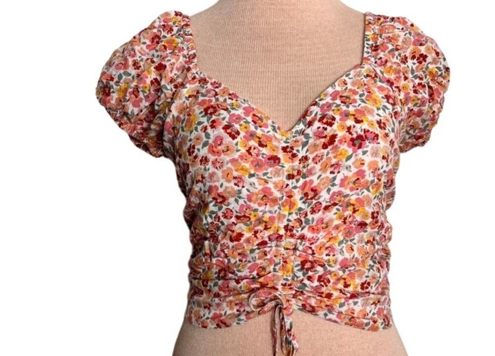 Japna Top Floral Ruched Puff Sleeve Crop Smock Back Sweetheart Neck Boho Fairy